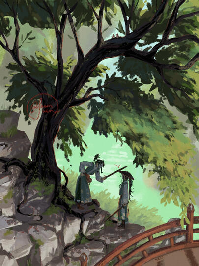 Rendered bg + 2 tiny ppl